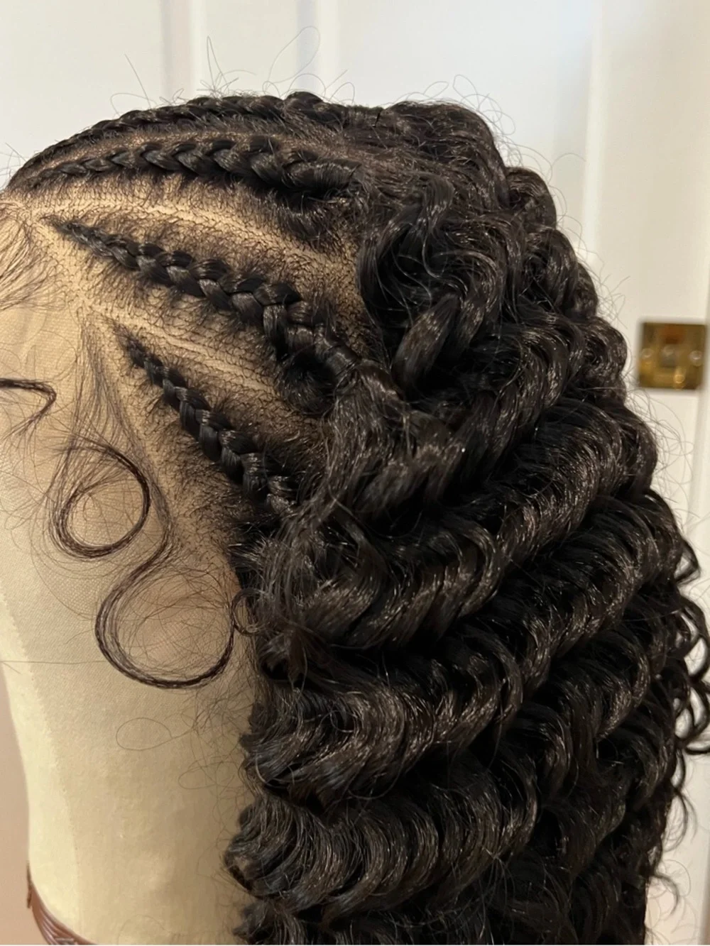 Synthetic 16” Natural Black Curly Lace Front Wig with Cornrowed Parts It#UC9